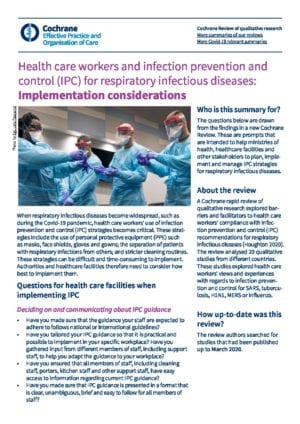 Health care workers and infection prevention and control (IPC) for respiratory infectious diseases: Implementation considerations
